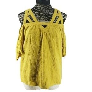 Mittoshop Mustard Yellow Cold Shoulder Strappy Cage Neck Top S J11661